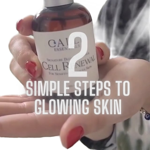 Two Steps to Glowing Skin with Cell Renewal Hydrosol by Calli Essentials. Young lady spraying Cell Renewal Hydrosol onto cotton pads and applying it to her washed face in upward strokes