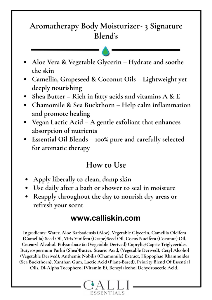 Calli Essentials Aromatherapy Body Moisturizer benefits and ueses