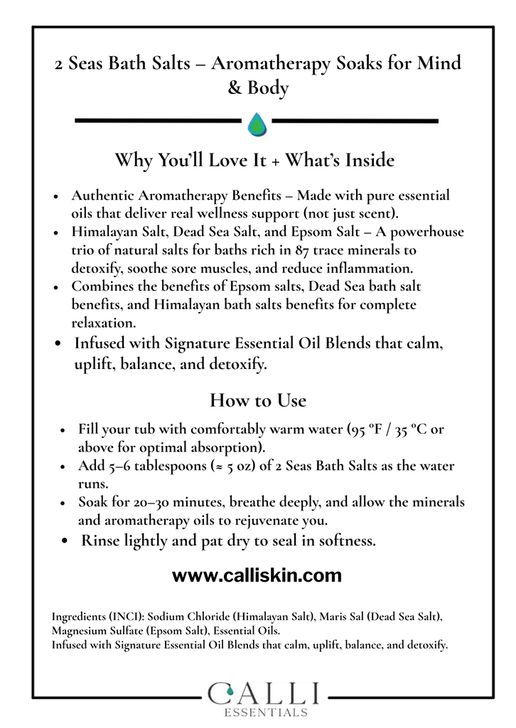 Calli Skin ingredients and uses card for aromatherapy bath salts