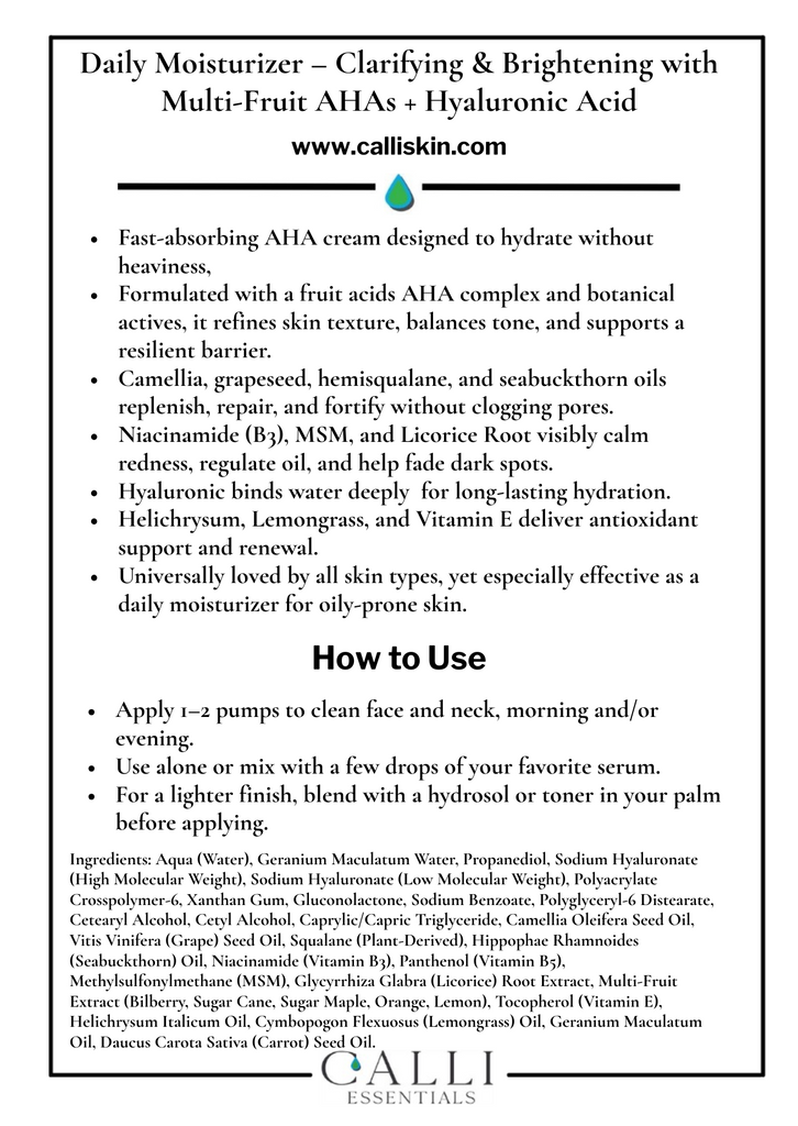 Calli Skin Clarifying and brightening benefits and applications card