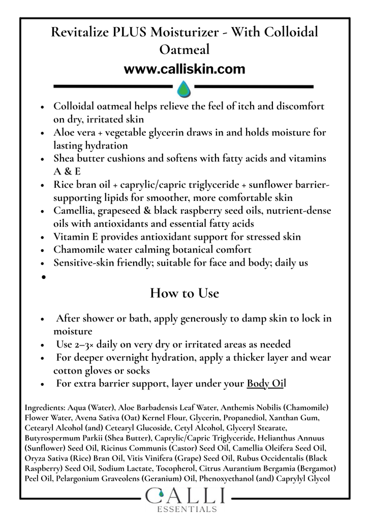 Product label for Revitalize PLUS Moisturizer with colloidal oatmeal from Calli Skin