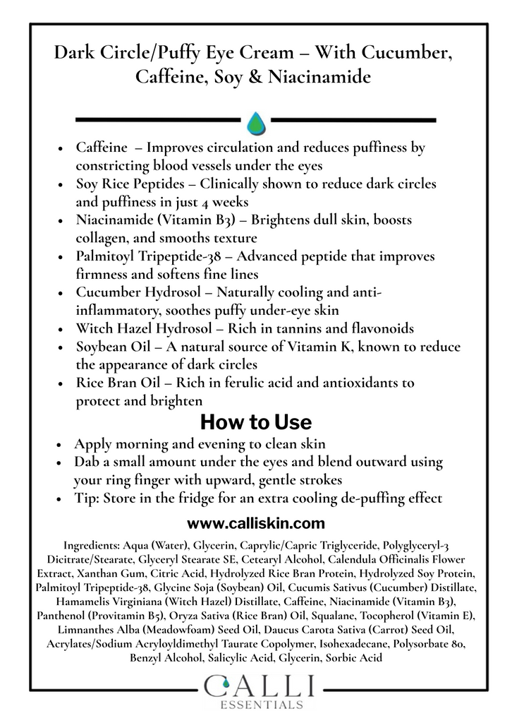 Calli Essentials - Dark Circle Puffy Eye Cream Benefits and Applications