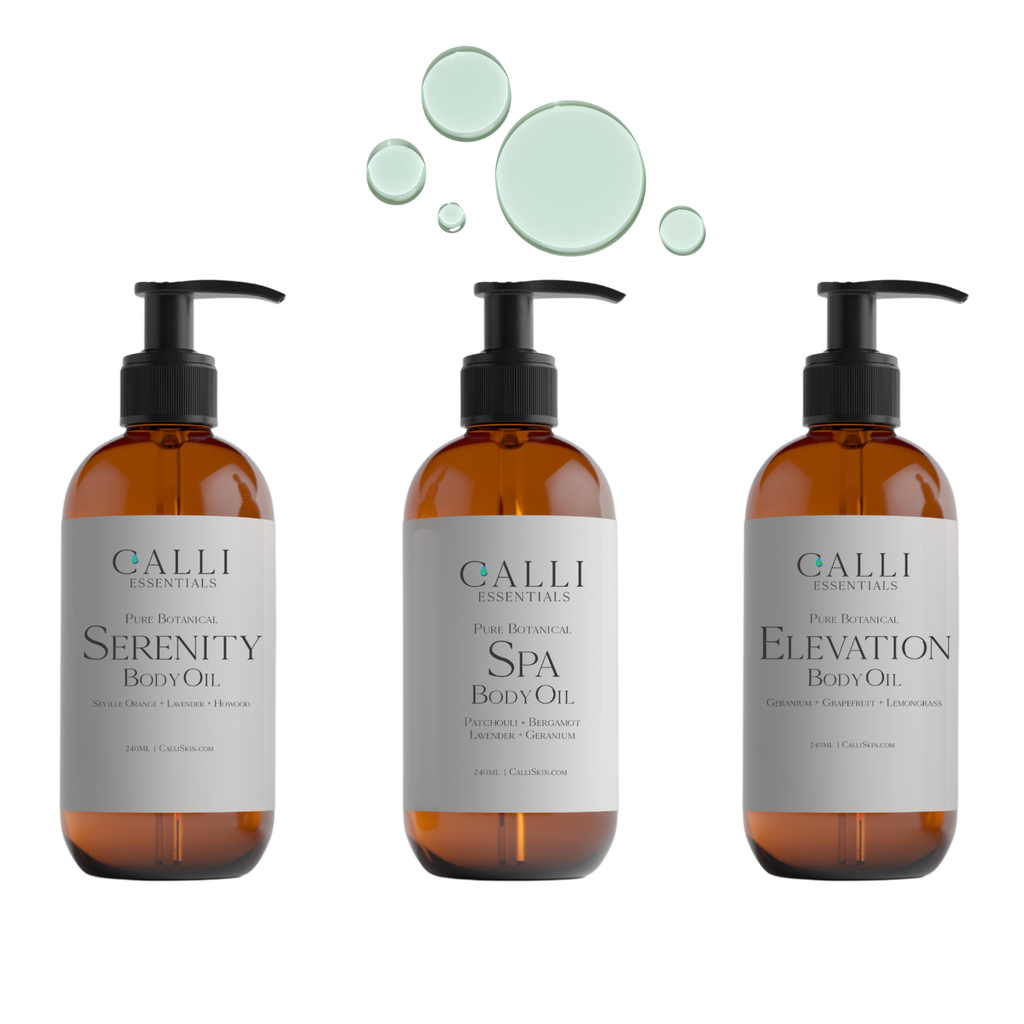 Calli Essentials Natural ceramide body oil in amber pump bottle; lightweight, non-greasy after-shower oil for dry or sensitive skin.