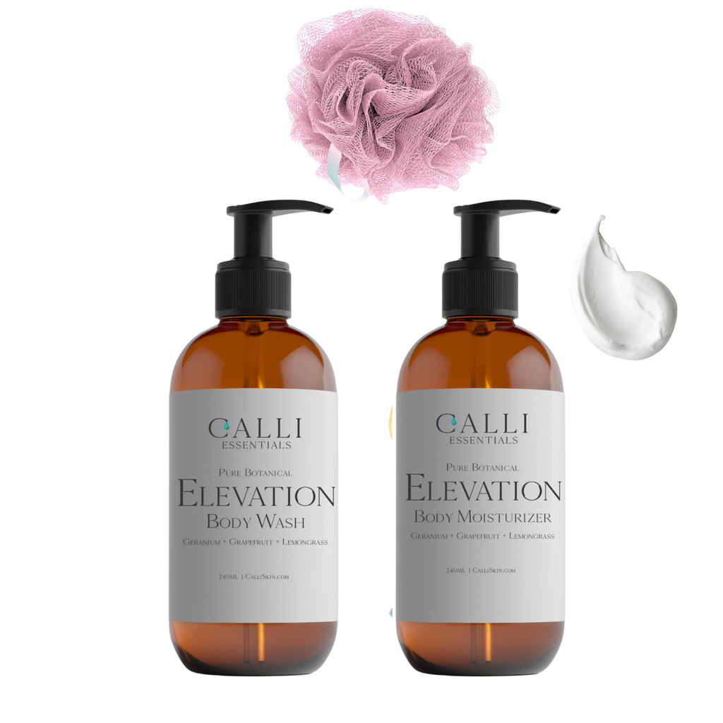 Two bottles of Calli Essentials Elevation Body Wash and Body Moisturizer with a pink loofah and cream sample on a white background.