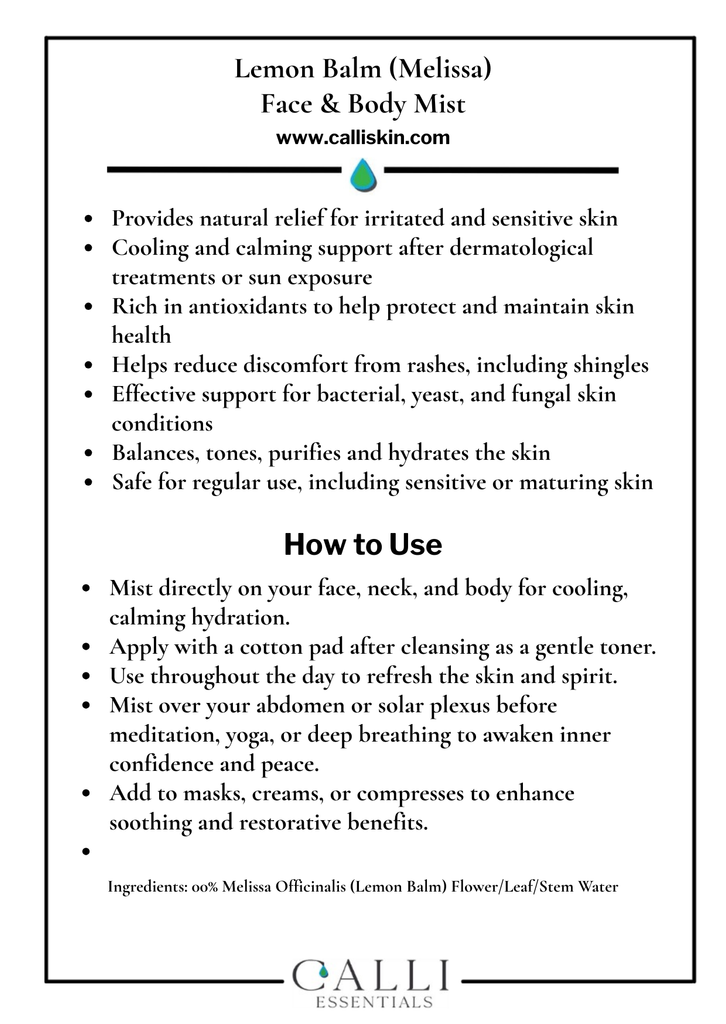 Calli Essentials Melissa Hydrosol benefits and applications card