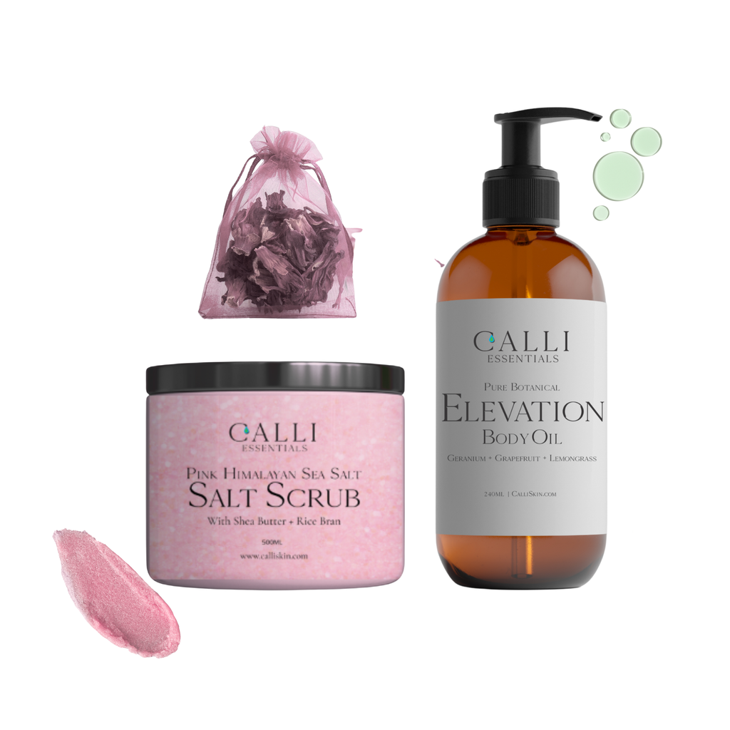 Calli Essentials aromatherapy gift set with salt scrub , body oil and drawer sache
