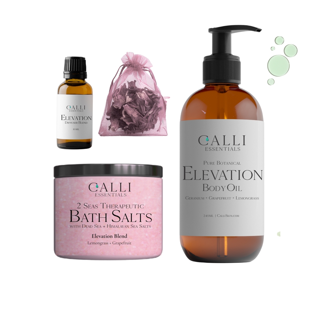 Calli Essentials Aromatherapy gift set with bath salts, bath oils and essential oil diffuser blend