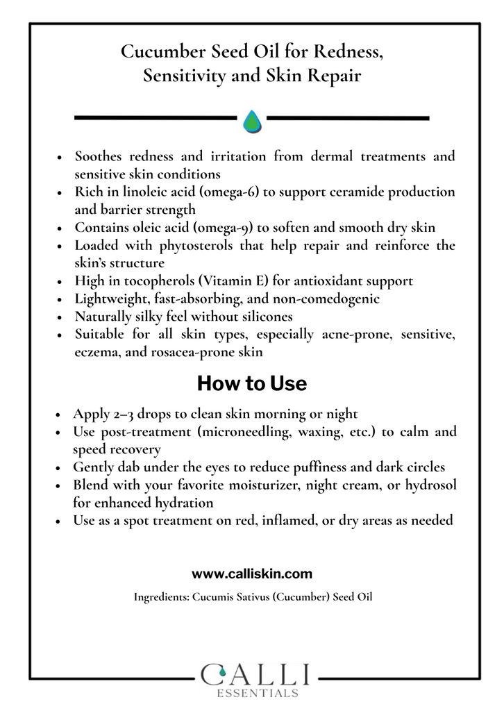 cucumber oil benefits and applications card. Calli Skin
