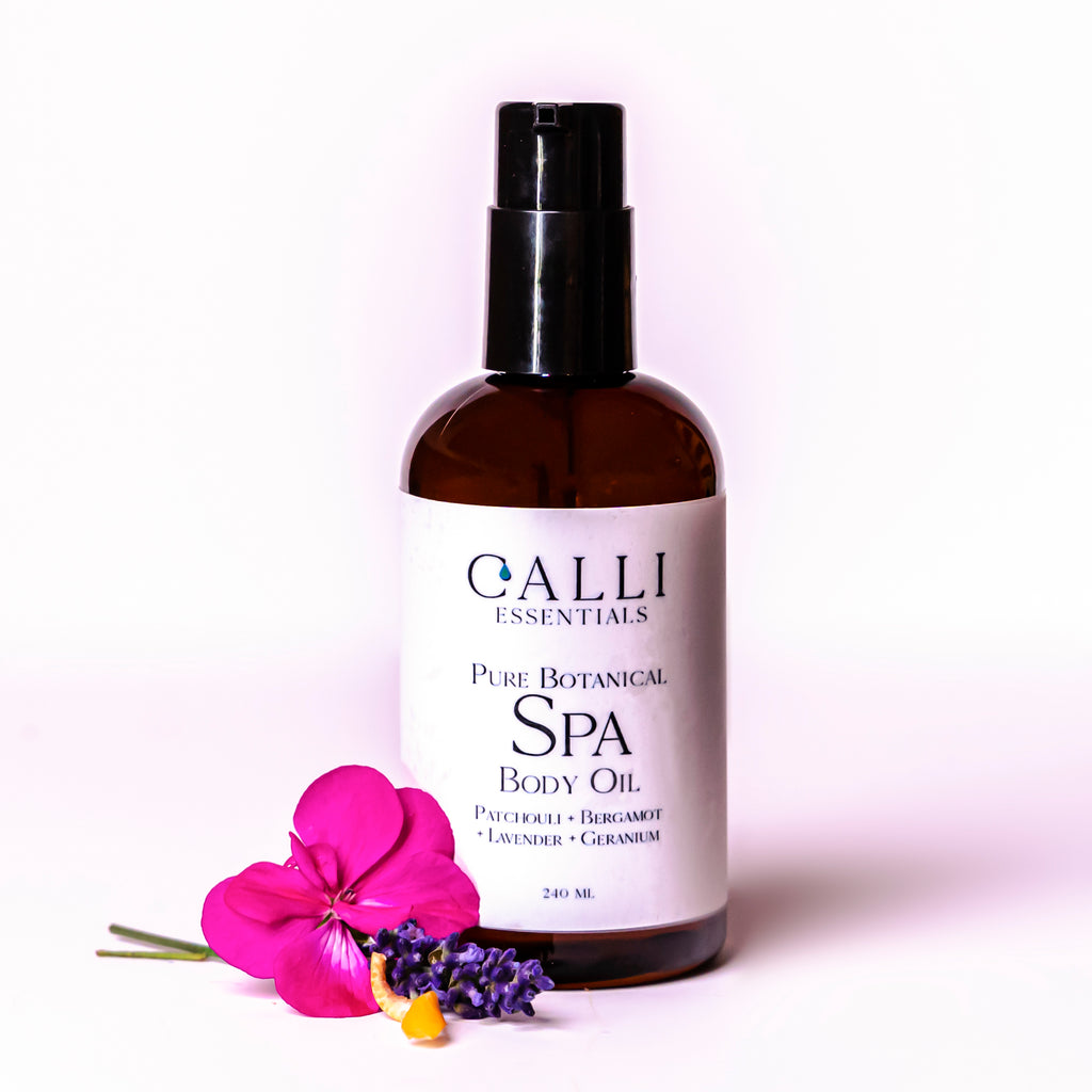 Spa body oils with patchouli, bergamot, geranium and lavender