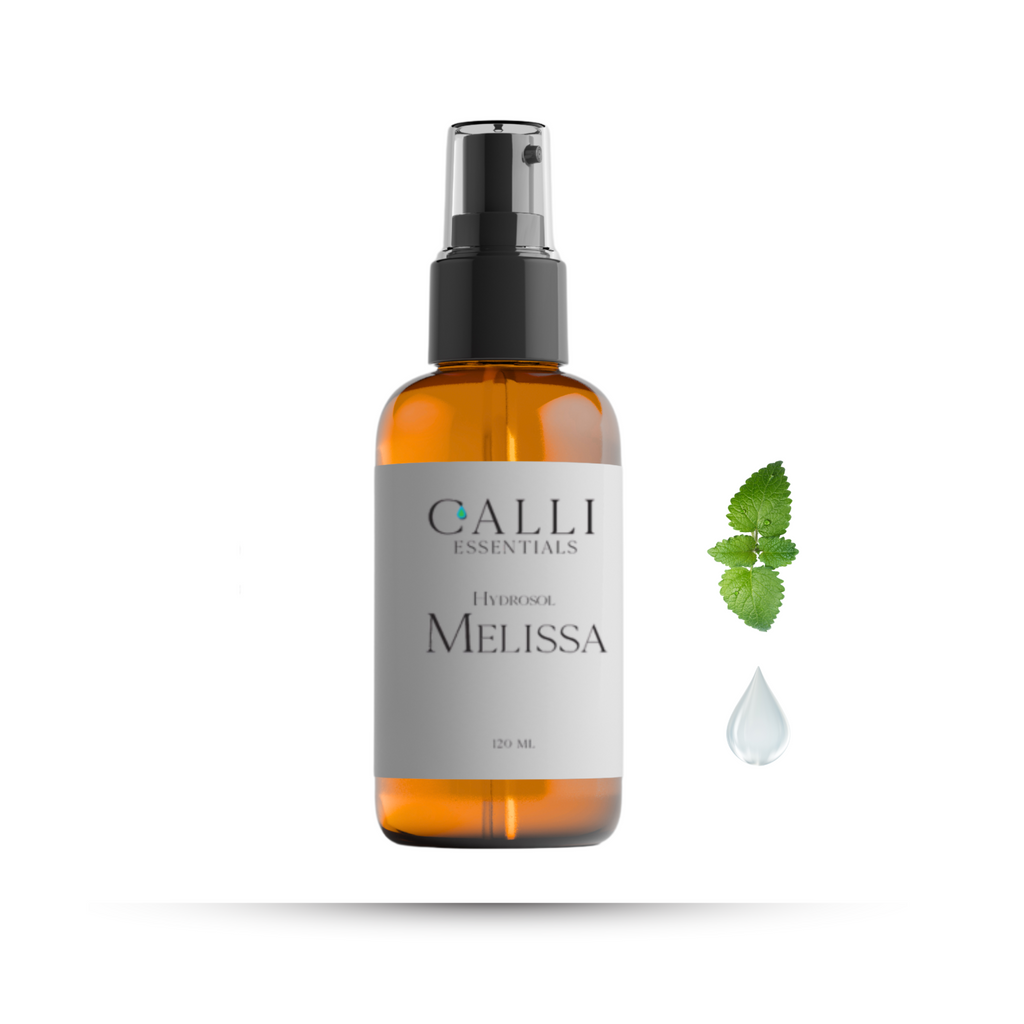 Bottle of Calli Essentials Melissa hydrosol on a white background