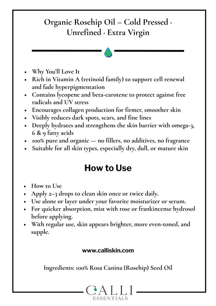Calli skin organic rosehip oil benefits and applications