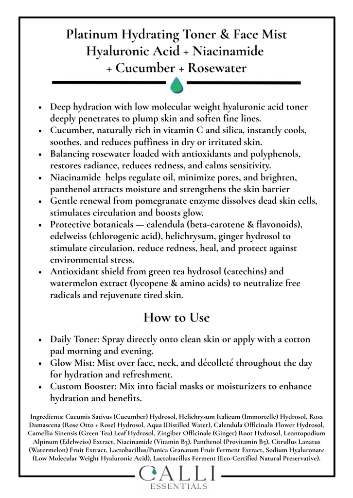 Hyaluronic Acid Cucumber and rosewater toner beneifits and applications card call skin.