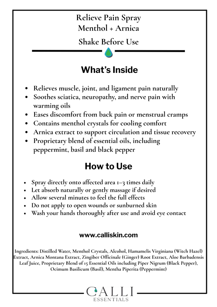 Calli Skin pain spray ingredients and benefits card