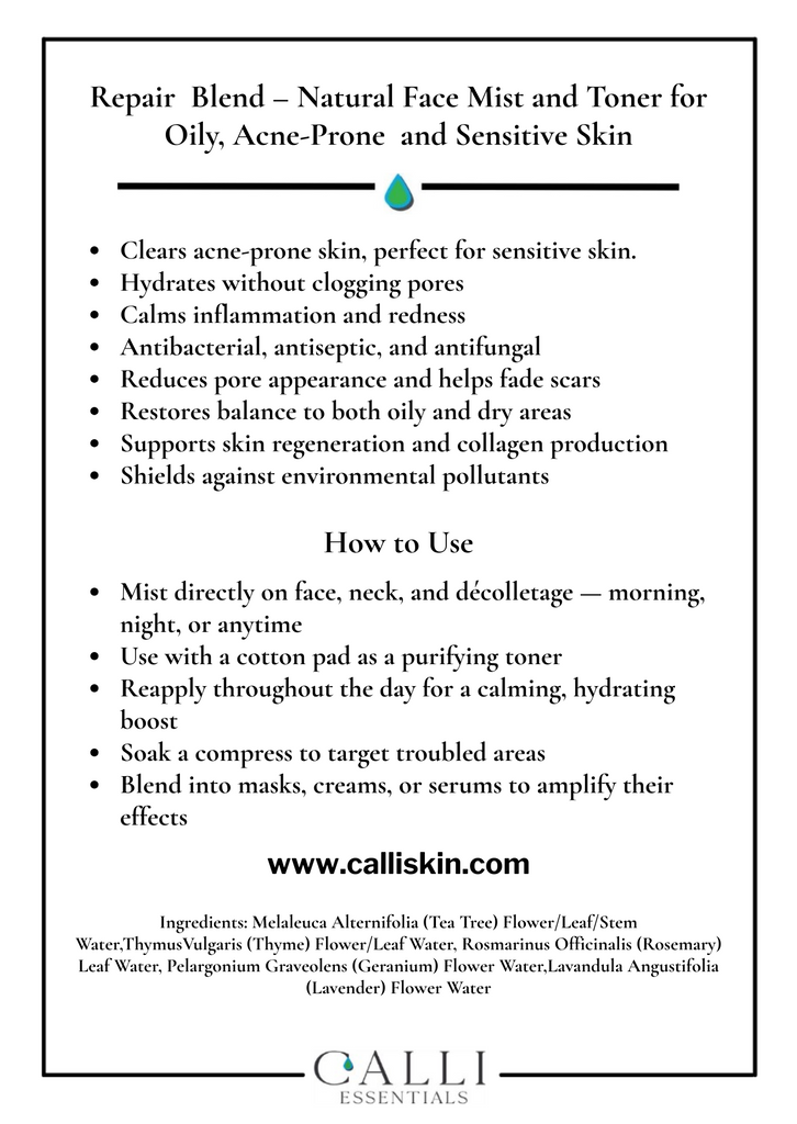 Product description sheet for a natural face mist and toner for sensitive skin, Calli Skin