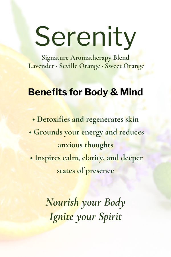 Serenity aromatherapy blend description with benefits for body and mind on a light background.