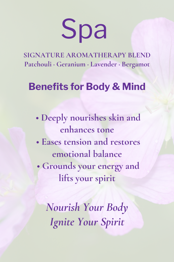 Spa aromatherapy blend description with floral elements on a light green background