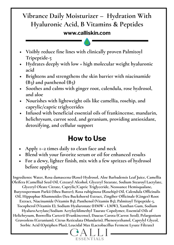 Product description sheet for a daily moisturizer with Hyaluronic Acid, B Vitamins, and Peptides from Calli Skin