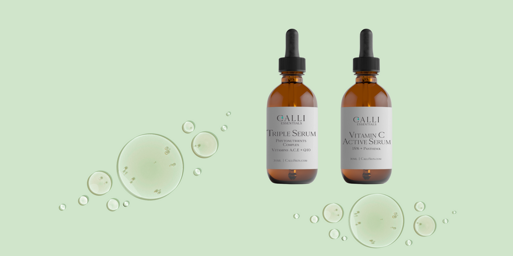 Two bottles of GALLI skincare serum on a light green background with decorative elements.