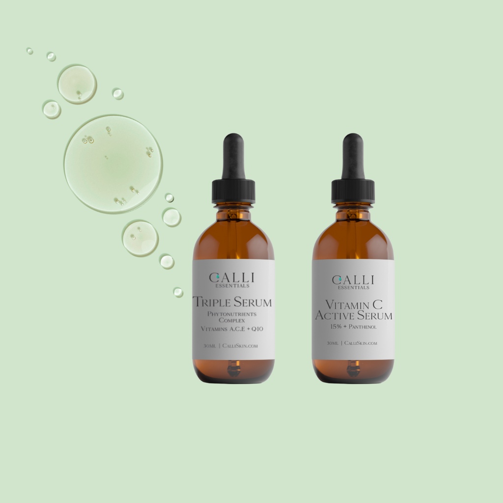 Two bottles of GALLI skincare serums on a light green background with droplets.