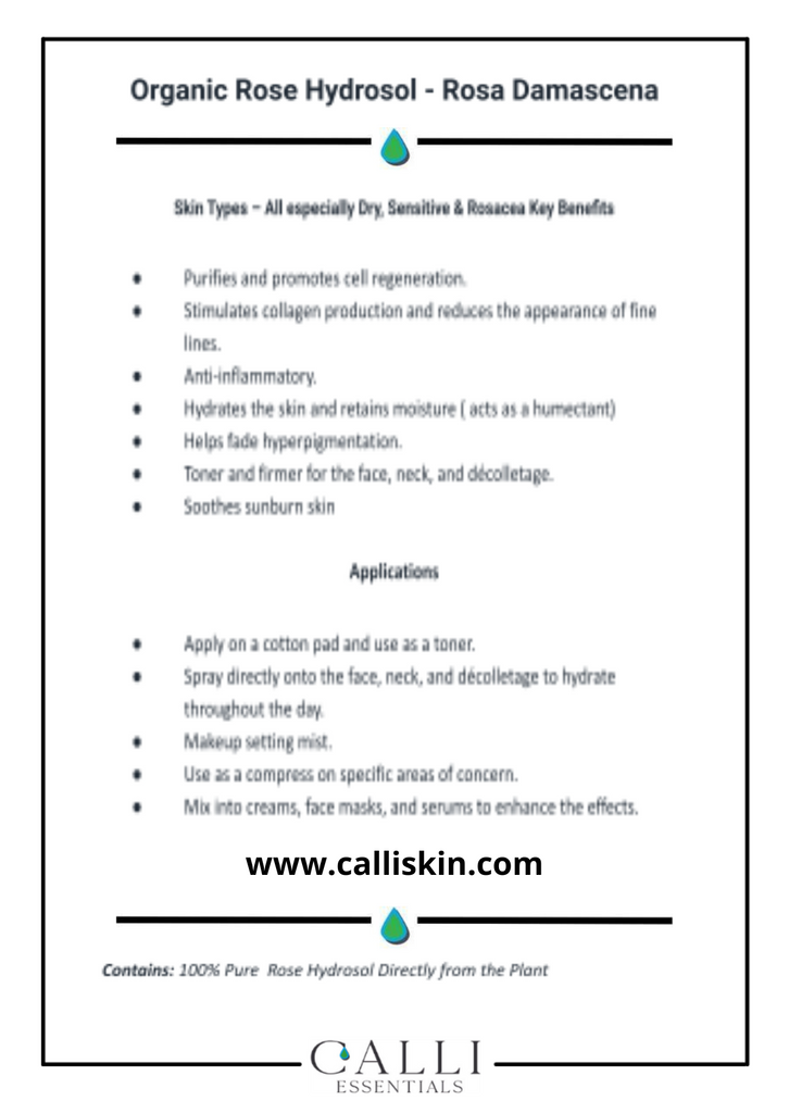 Calli Essentials rose hydrosol benefits and application card