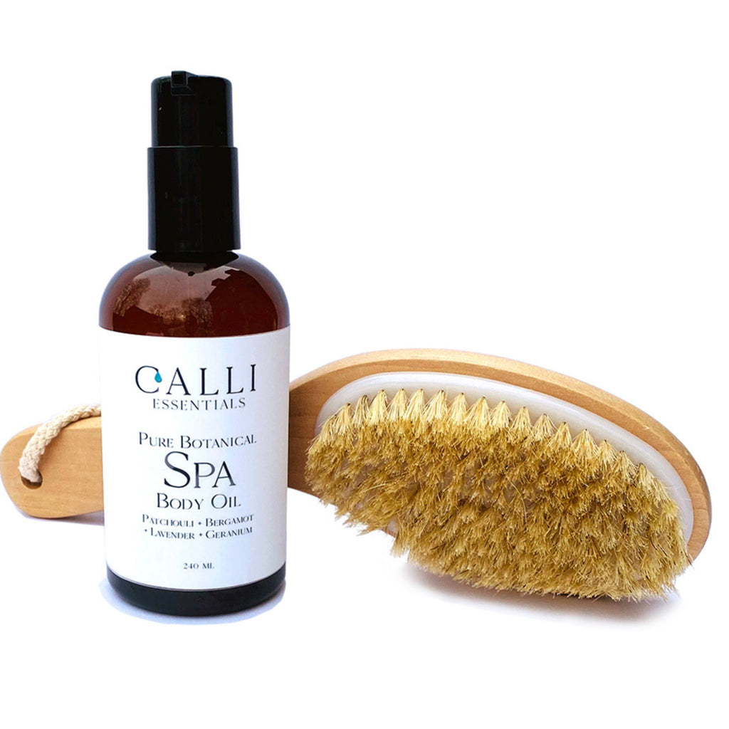 Image of spa body oil 240ML with a dry body brush sold as a gift set