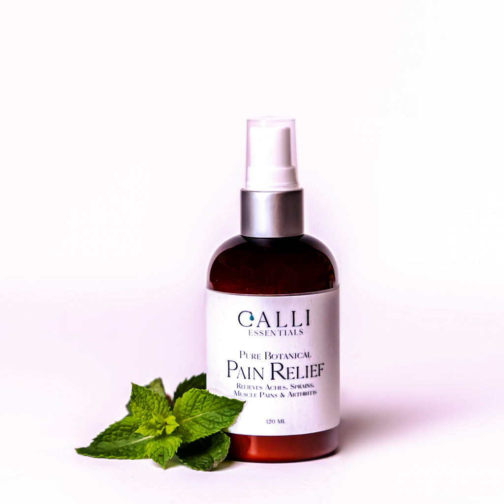 picture of a bottle indicating pain relief with peppermint leaves beside it