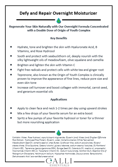 Defy and Repair Overnight Moisturizer  Hyaluronate Acid and B Vitamins - www.CalliSkin.com