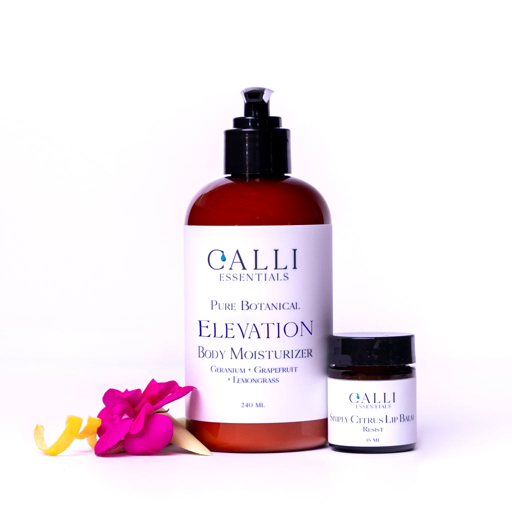 Natural Pure Botanical Body Moisturizer & Lip Balm Gift Set - Calli Essentials - 100% Natural Skin Care Products - Pure Essential Oils 