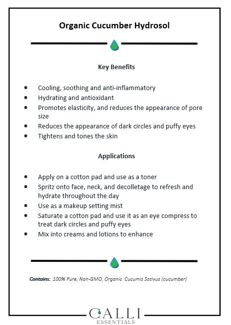 picture of a card outlining the benefits and applications of cucumber hydrosol
