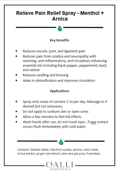 picture of a card listing the applications and benefits of relieve pain spray